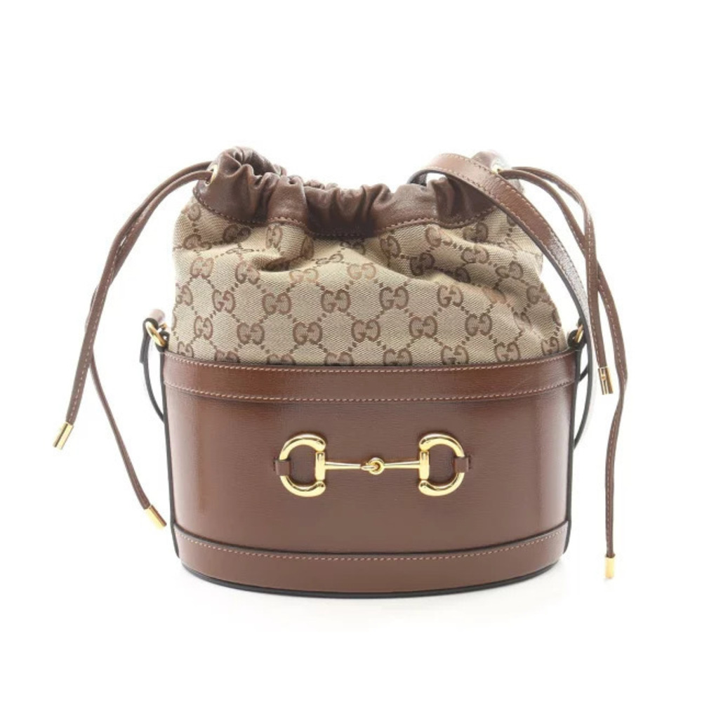 Gucci Horsebit Bucket Bag Shoulder Canvas Leather Beige Cream Brown